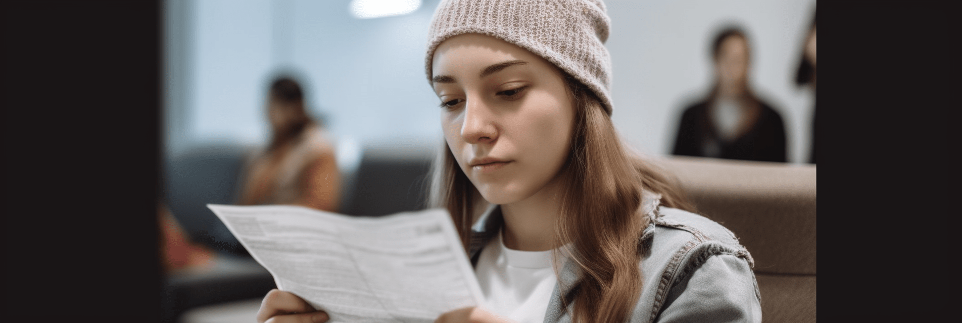 A person with a concerned expression in a clean, comfortable waiting room, looking through a pamphlet on car accident injuries.