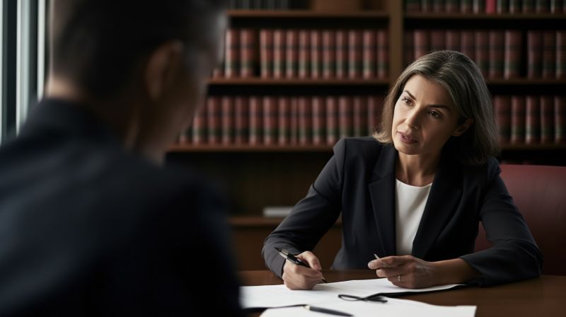 a middle-aged woman sitting at a desk in a law office with a sympathetic lawyer sitting across from her, listening intently as she recounts the details of her store injury. The woman looks relieved to have found someone who can help her navigate the legal process and maximize her settlement. The lawyer's body language suggests that they are taking her case seriously and are committed to helping her get the justice she deserves.