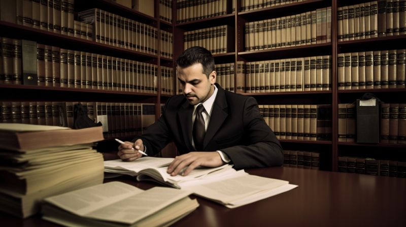 A store injury lawyer reviewing legal documents at a desk, surrounded by shelves of legal books and binders.
