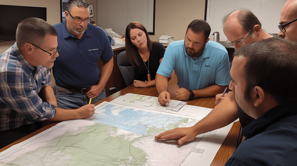 A group of people working together to determine liability in a motorcycle accident, with paperwork and a map spread out on the table in front of them.