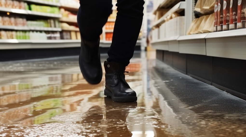 A shopper is about to step in a puddle, which could cause a serious store injury.