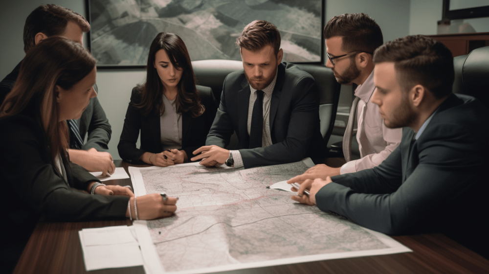 A group of legal professionals intently reviewing documents related to a New Mexico motorcycle accident to determine liability.