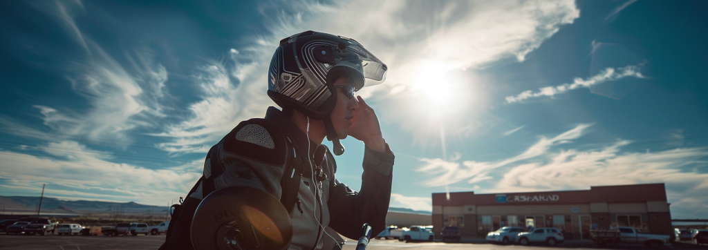 A rider wears earbuds while on his motorcycle in New Mexico