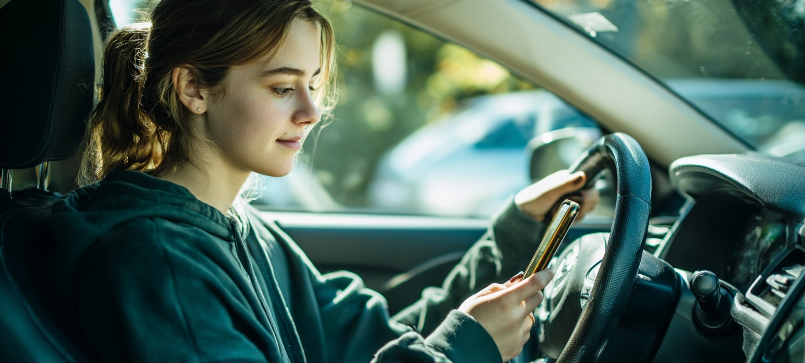 a teenage driver is distracted by her phone